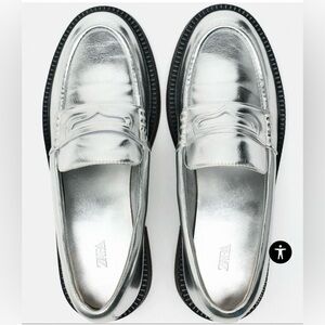 Zara Brand Metallic Silver Loafers. Size 7 1/2 (38). New Without Tags.